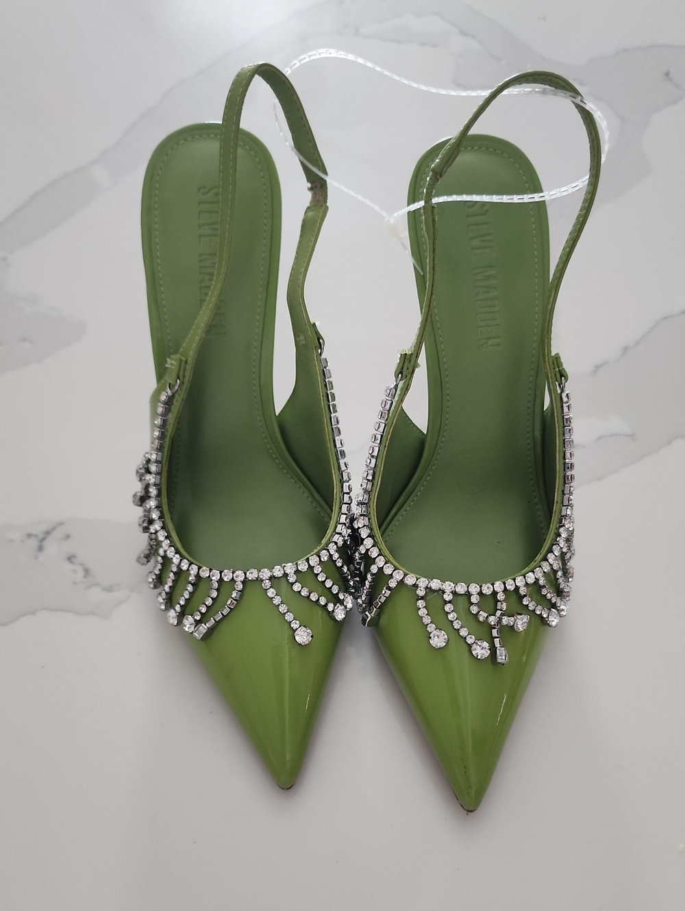 NWT Steve Madden Thrill Chartreuse Patent Rhinestone Slingback Heels - Size 6